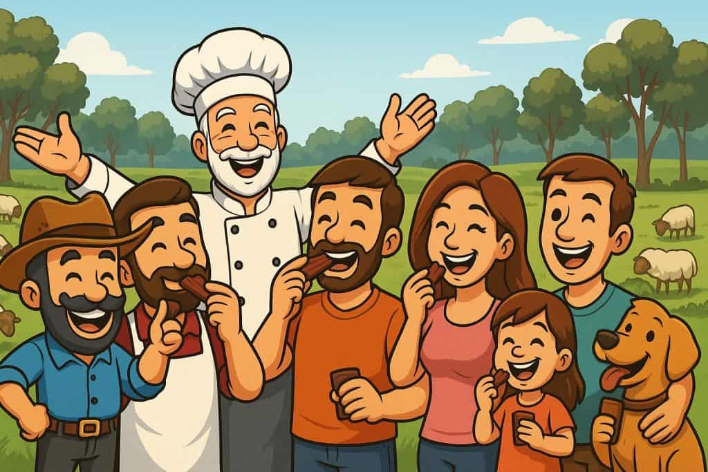 Lamb Supply Partners Showing cartoon-style community of lamb supply partners and happy eaters