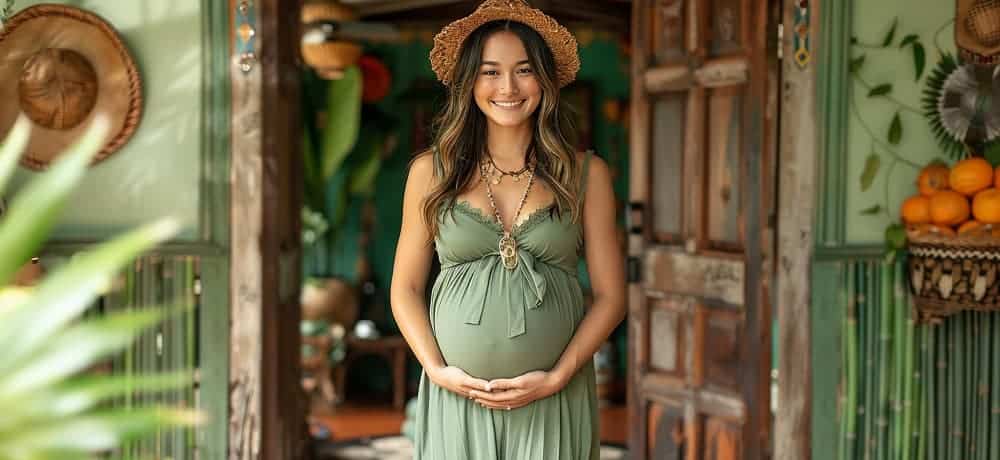 Mujer embarazada sonriente en jardín rústico colorido