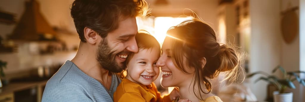 Familia feliz sonriendo en casa iluminada por el sol.