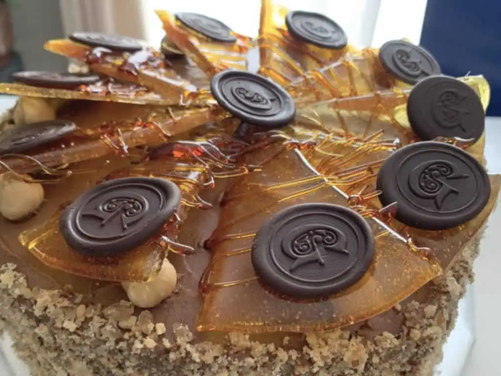 Dobos torte overhead shot with monogrammed G.