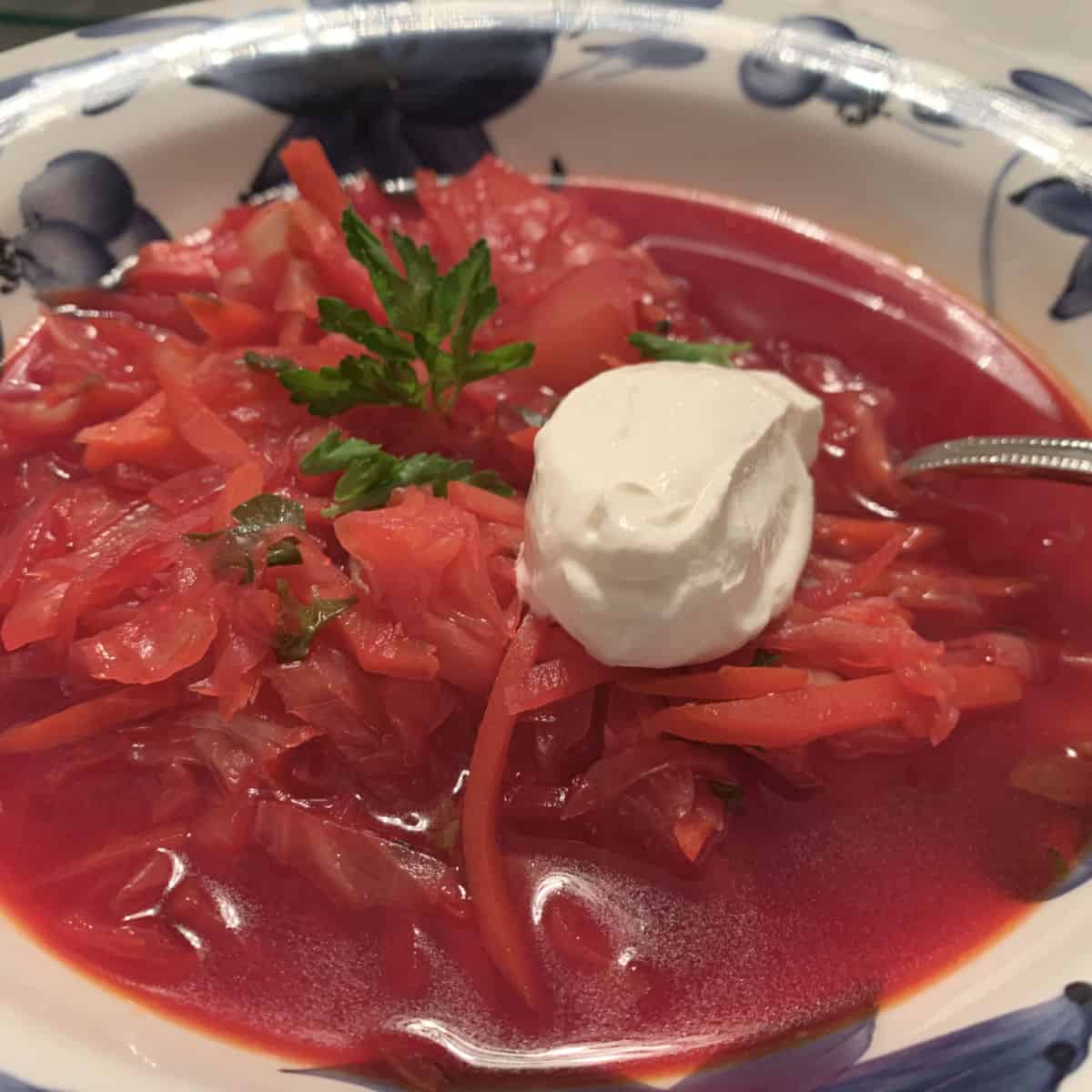 Plate of borsch with a dollop of sour cream.