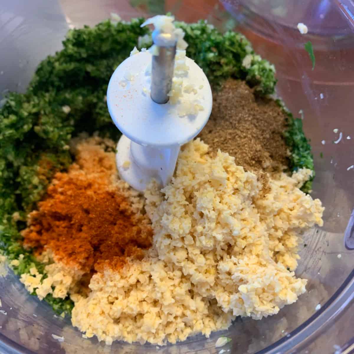 All the ground ingredients are in the food processor.