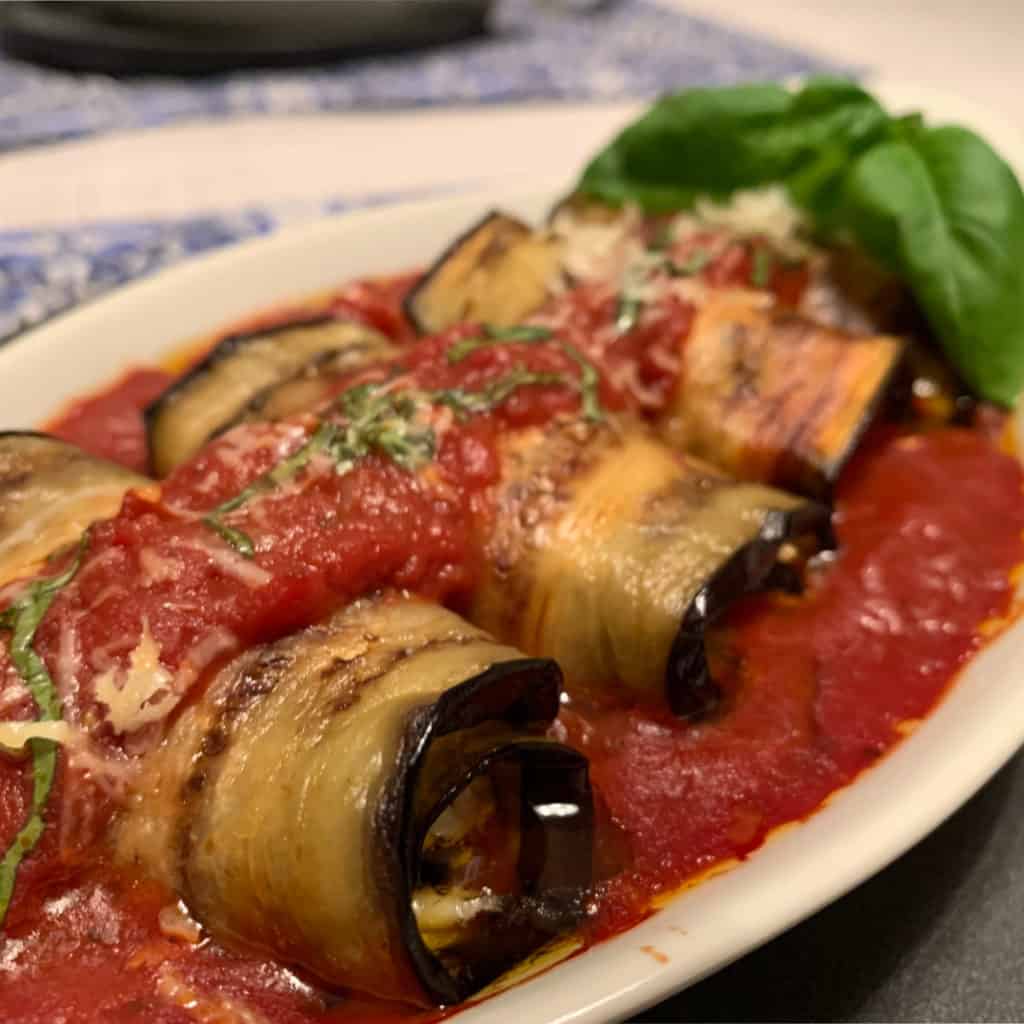 Eggplant Rollatini in an individual baking dish.