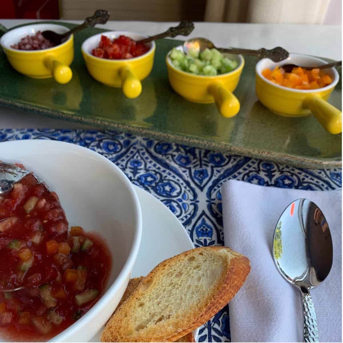 Gazpacho soup with garnishes.