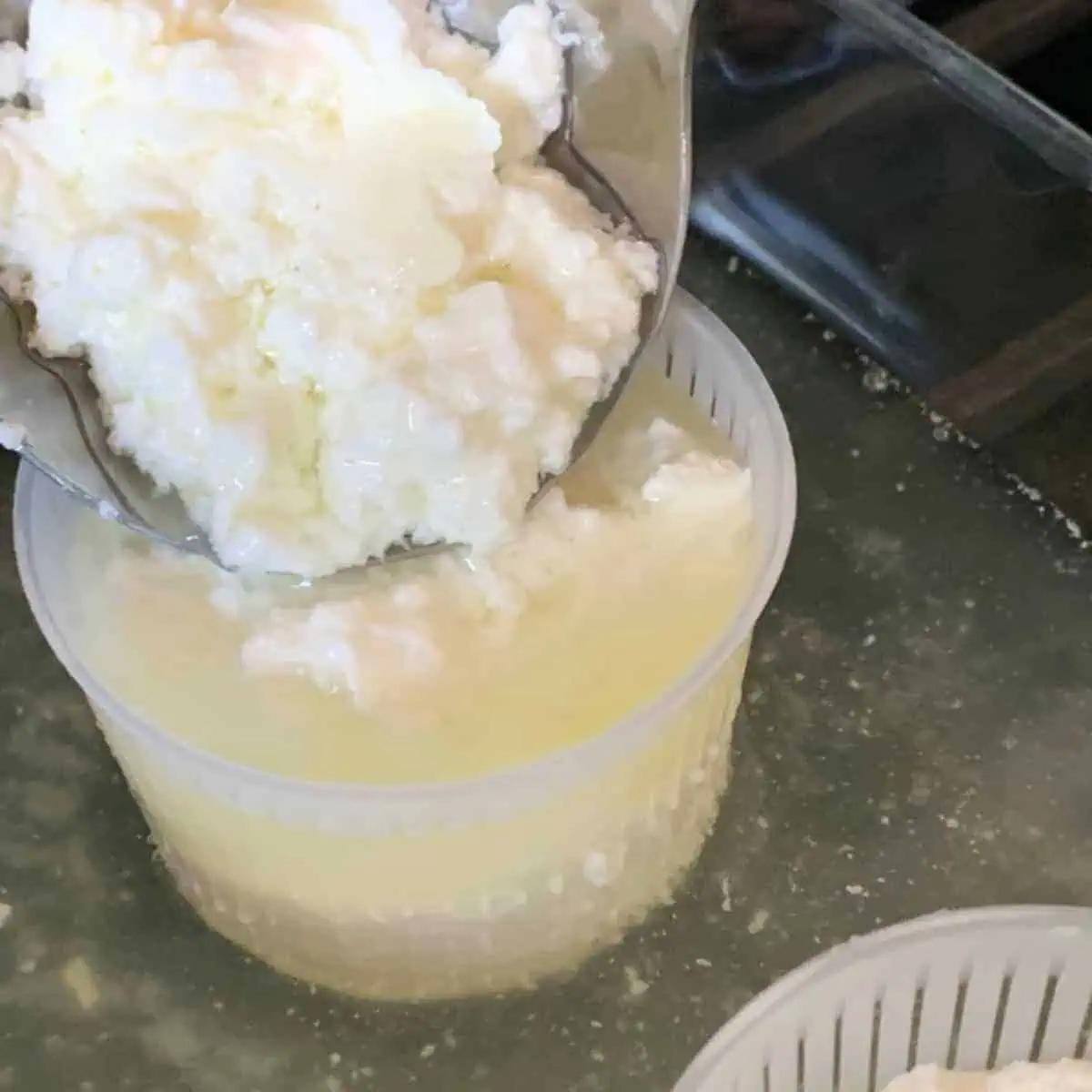 Scooping the ricotta curds into the draining containers.