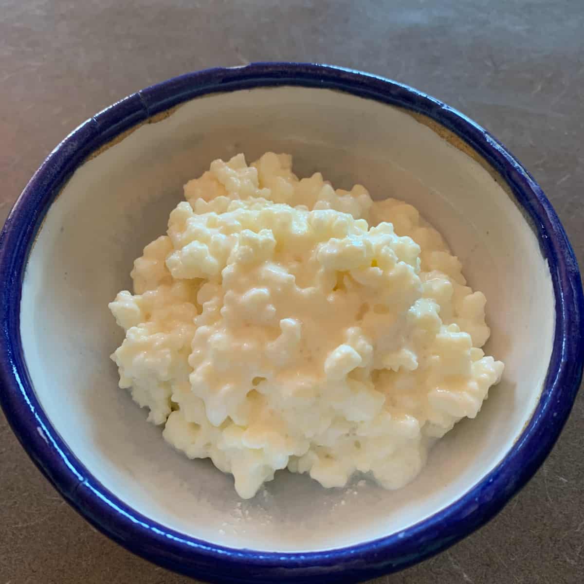 Kefir grains in a blue rimmed bowl.
