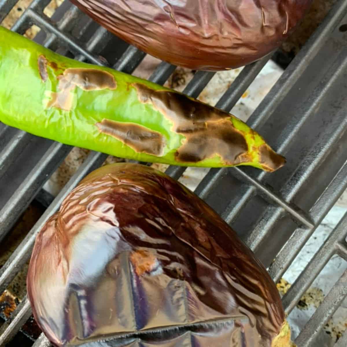 Grilling eggplants and pepper.