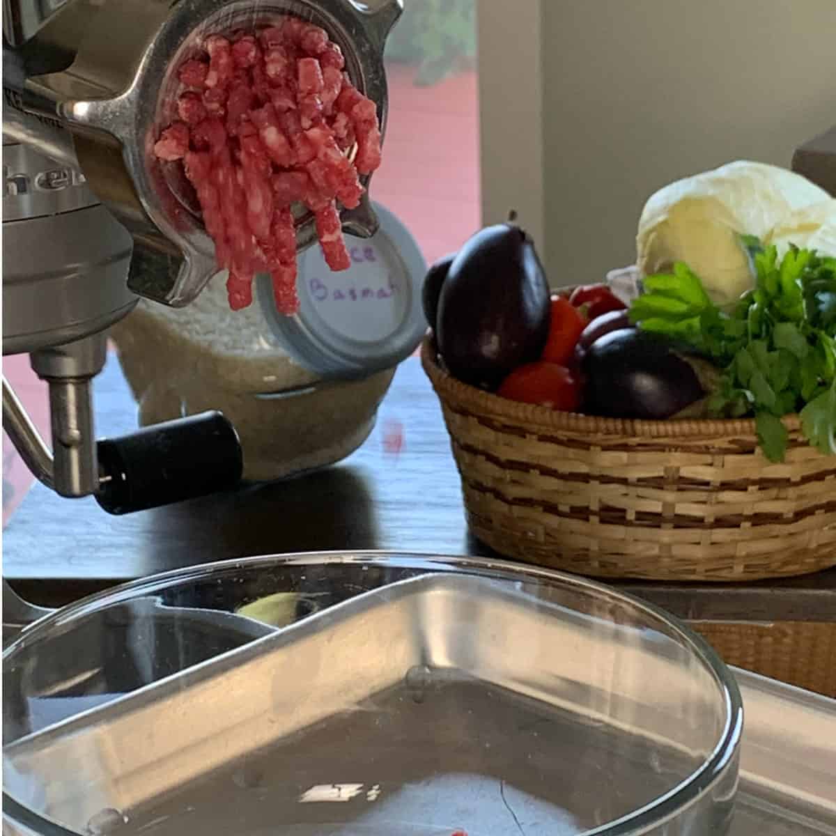 Freshly grinding the beef for tolma.