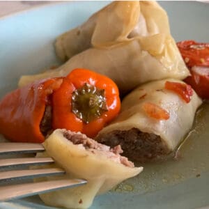 The cabbage roll on a fork.