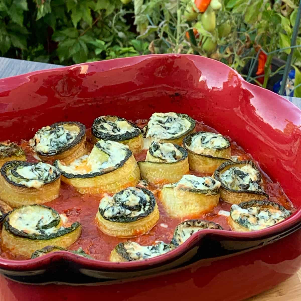 Zucchini rollatini in a marinara sauce.