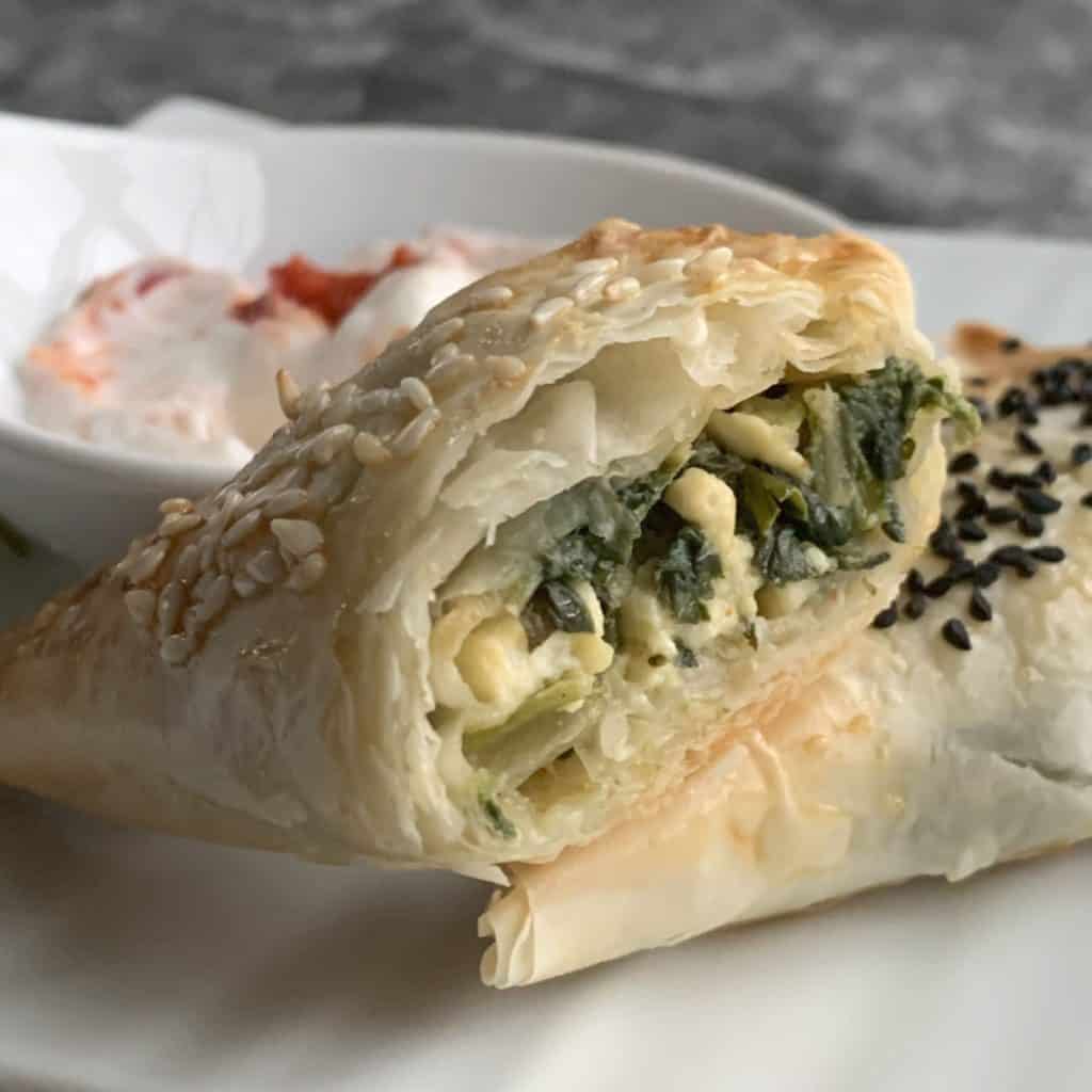 Spinach borek cross cut shot.