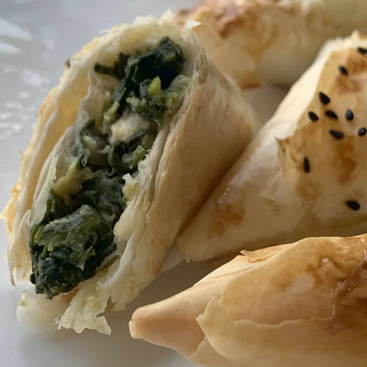 Spinach borek in a cross cut.