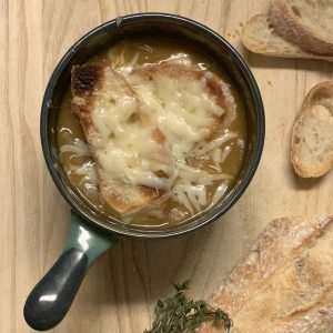 Overhead shot of the french onion soup.
