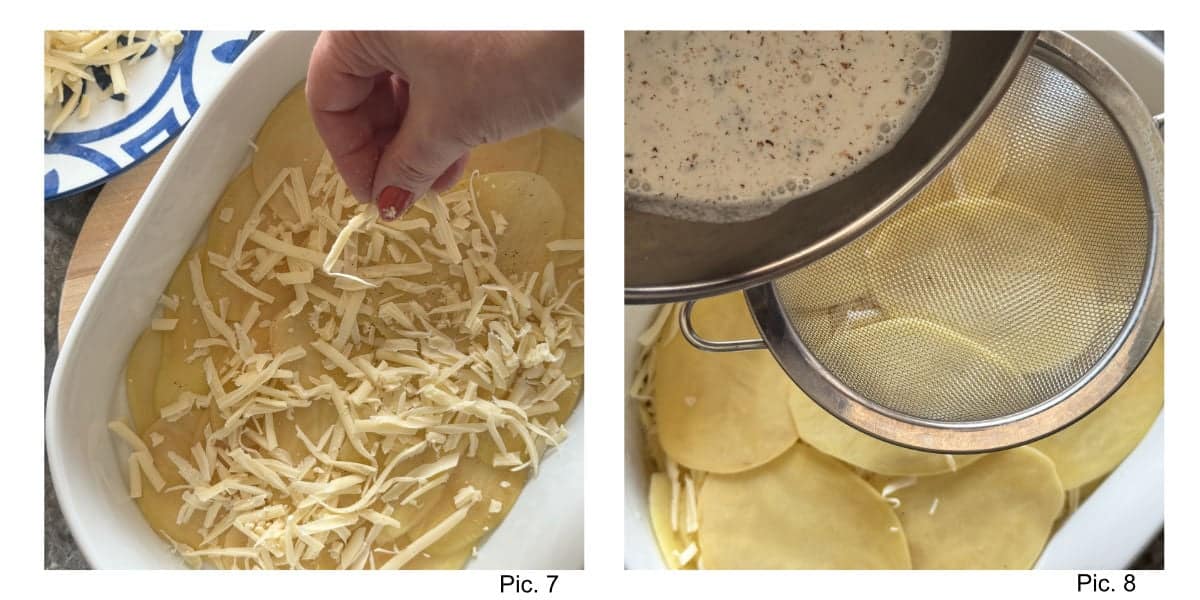 Layering the potatoes and adding the cream.
