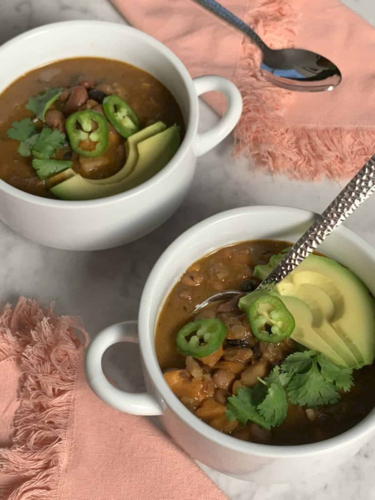 Three bean chili in a bowl Three bean chili in a bowl.