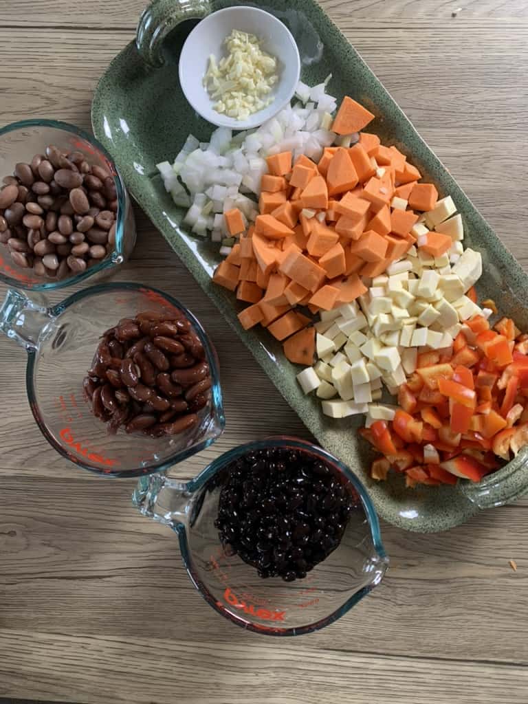 Diced vegetables and cooked beans Diced vegetables and cooked beans.