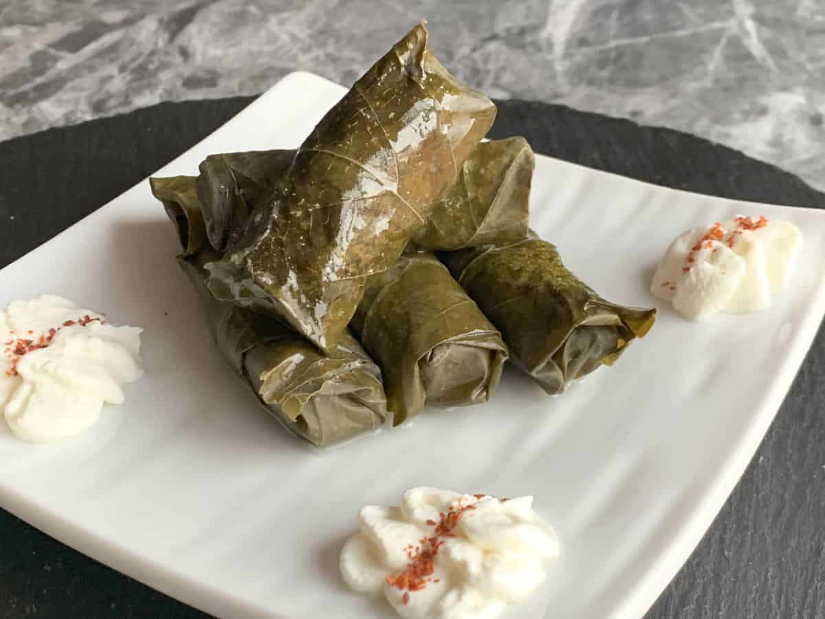 Meat tolma wrapped in grape leaves served with dollop of yogurt.