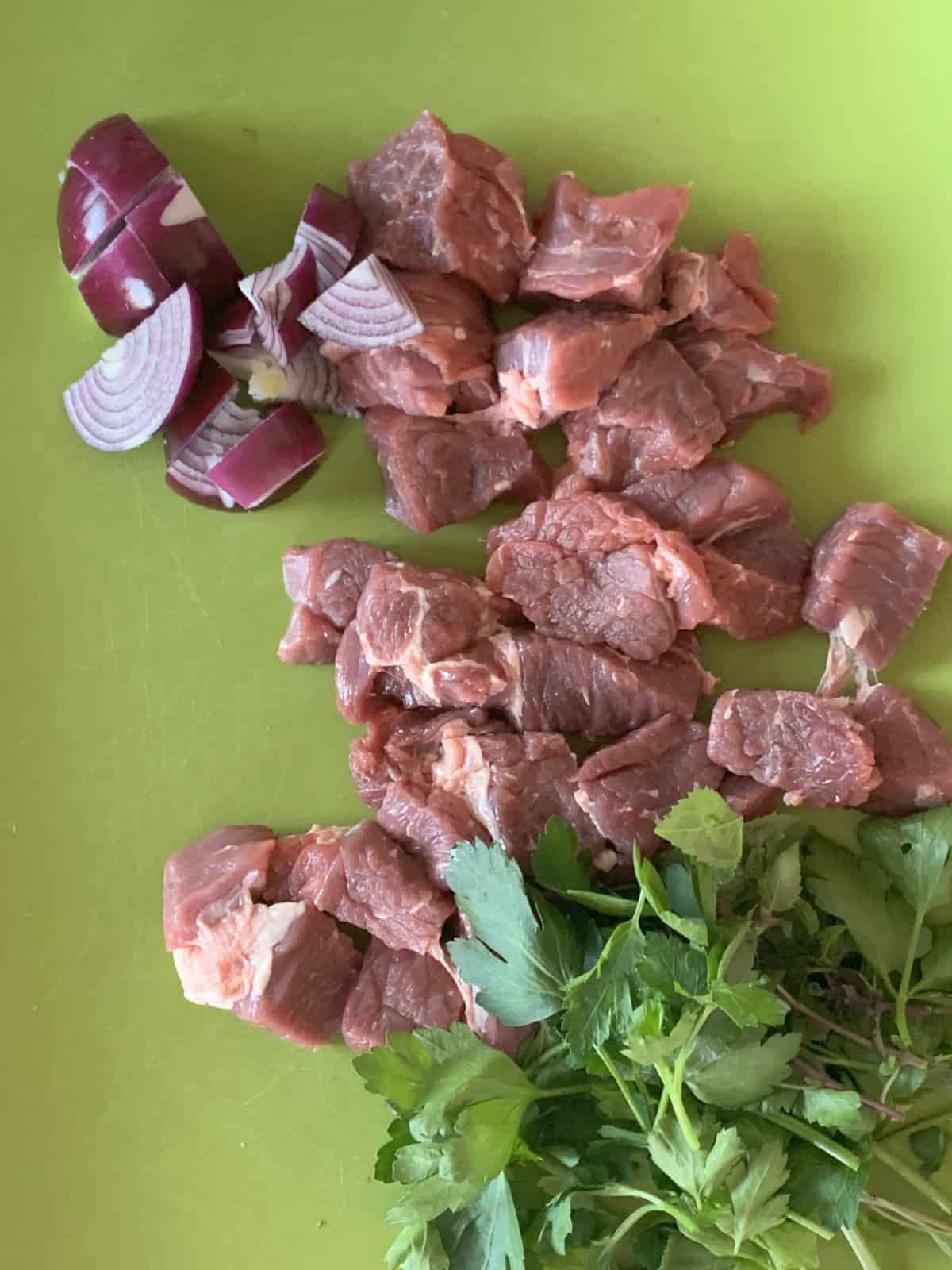 Roughly chopped meat and onions.