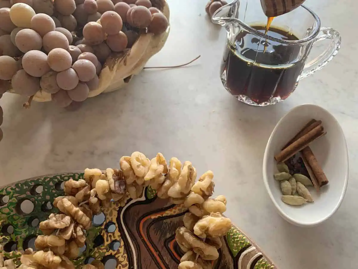 Grape molasses, spice and walnut string.