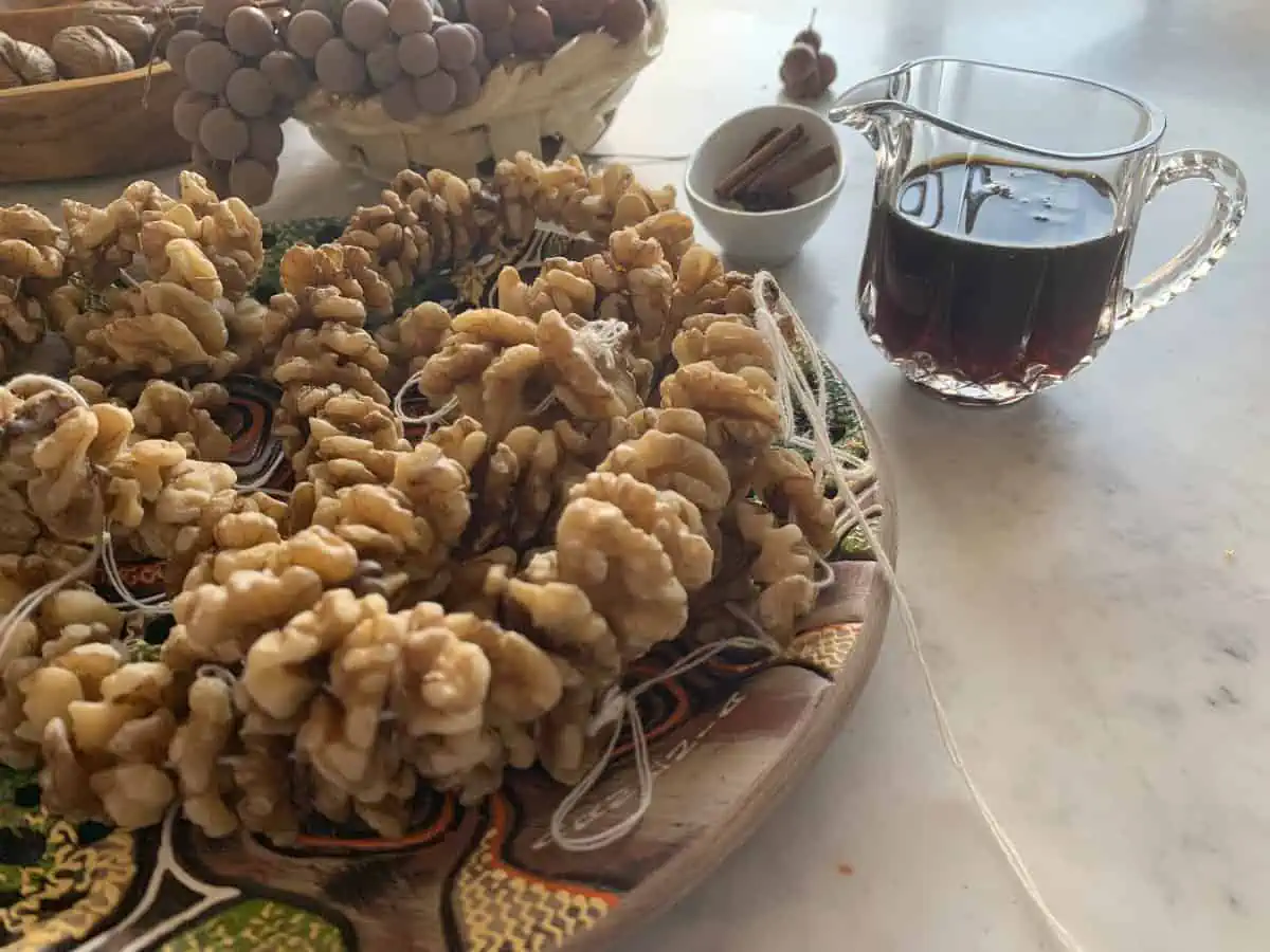 Grape molasses, spice and walnut string.