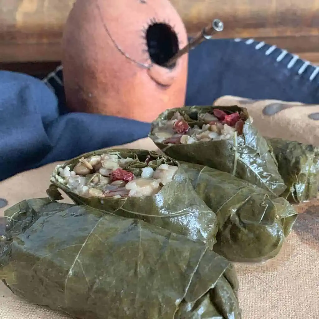 Grape leave legume tolma on a plate.