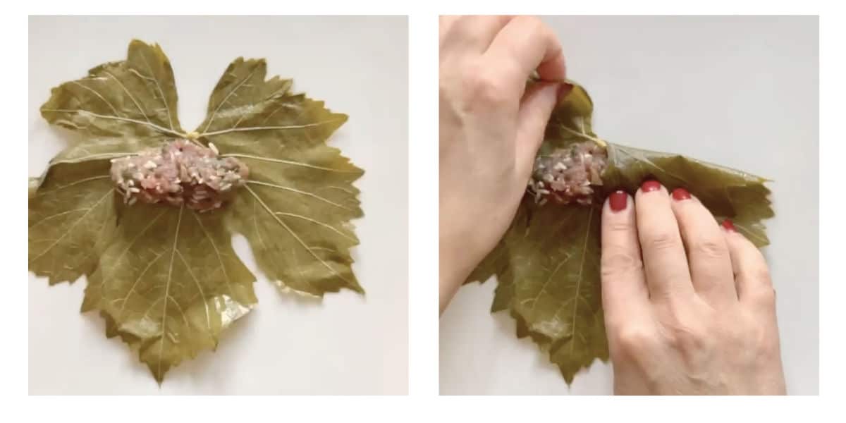 Process of wrapping the meat tolma in grape leaves.