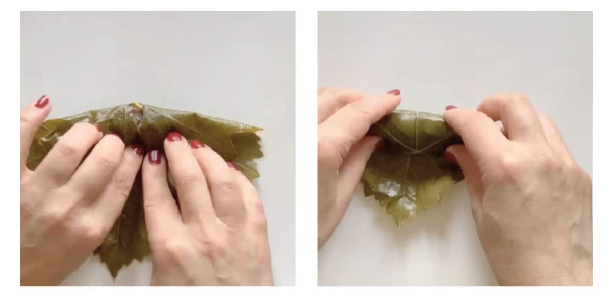 Process of wrapping the meat tolma in grape leaves.