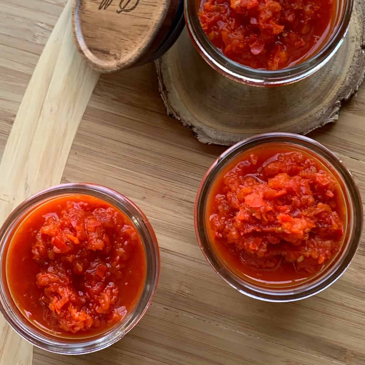 Jars of fresno chili paste.