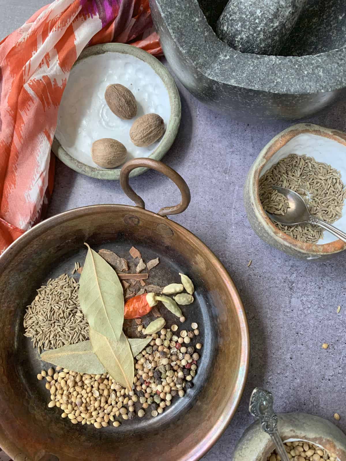 Spices in a skillet ready for toasting.
