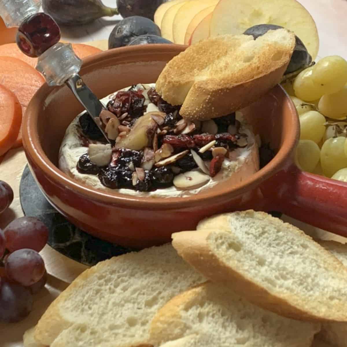 Baked Brie with a baguette toast.