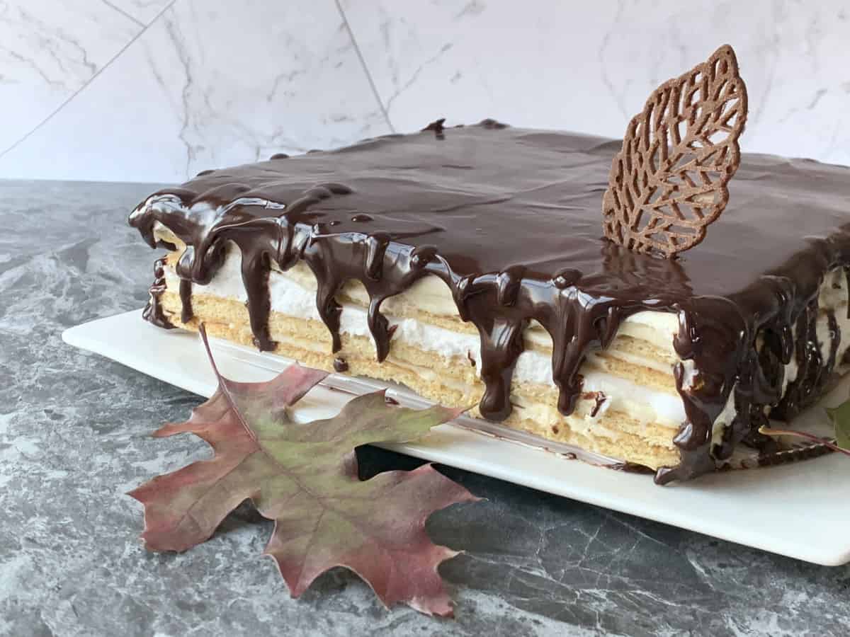 Bird's milk cake on a plate and a oak leaf.