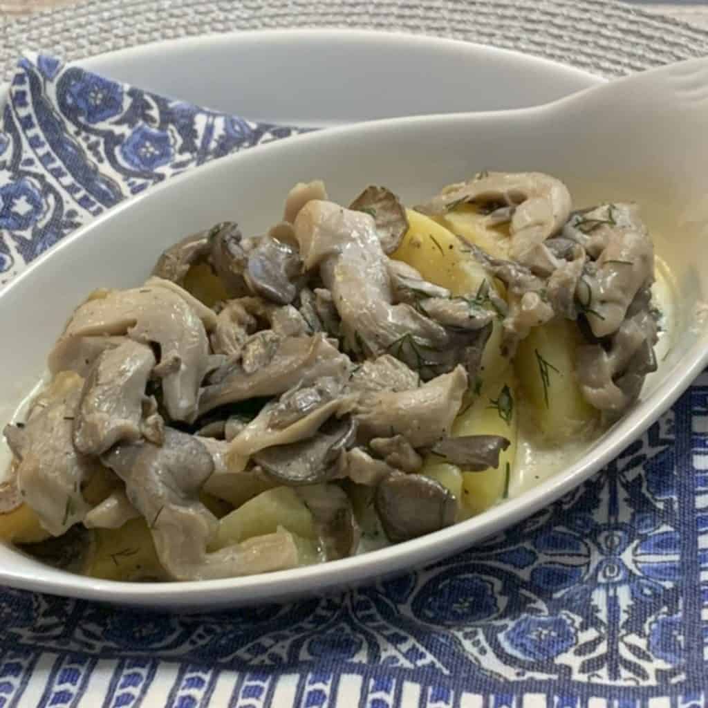 Oyster Mushroom and Potatoes in Gratin dish.