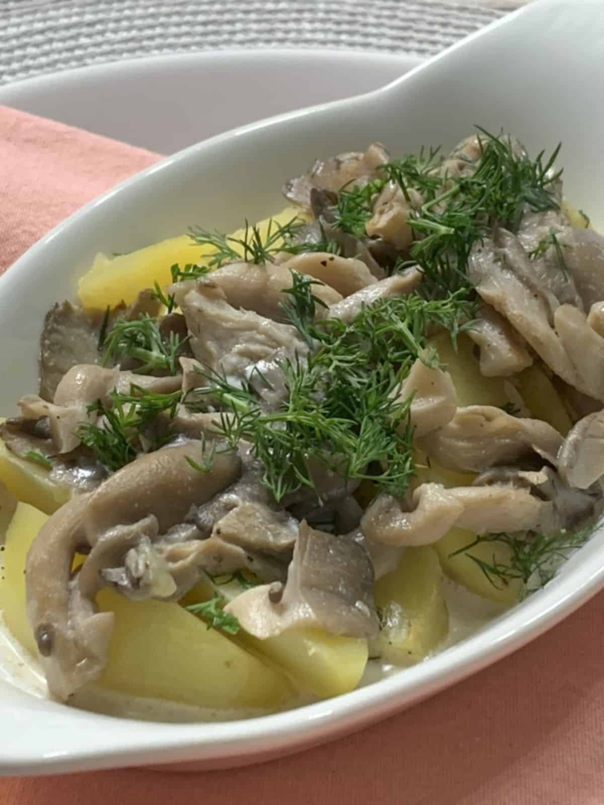 Oyster Mushroom and Potatoes in Gratin dish.