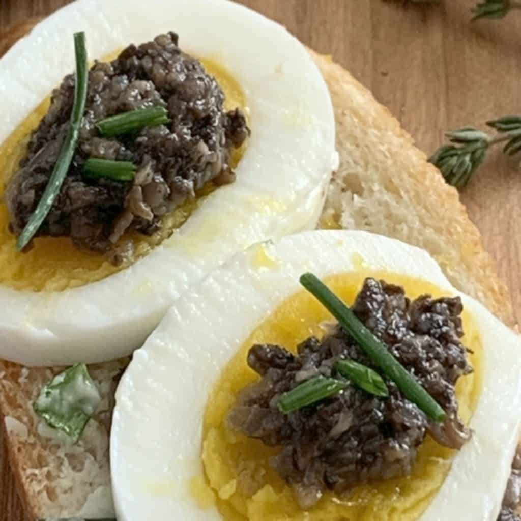 Mushroom pate on eggs.