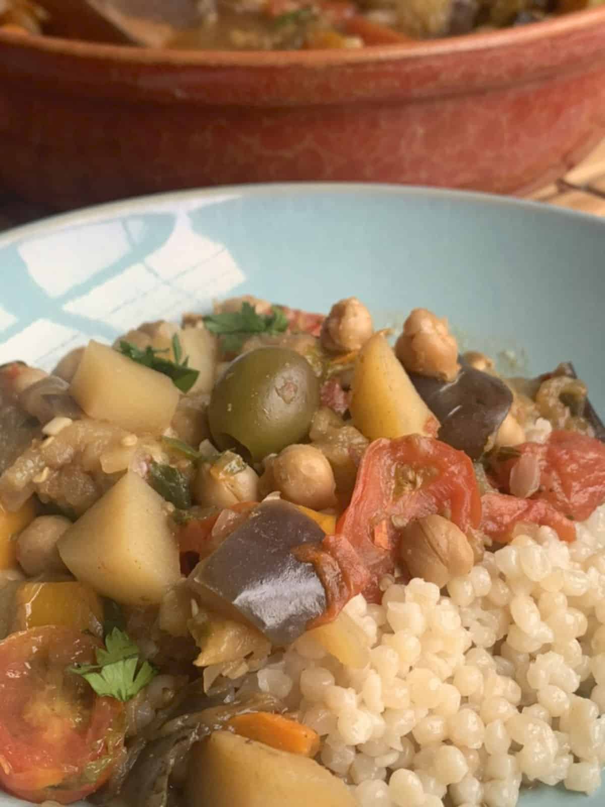 Bowl of chickpea and eggplant tajine.