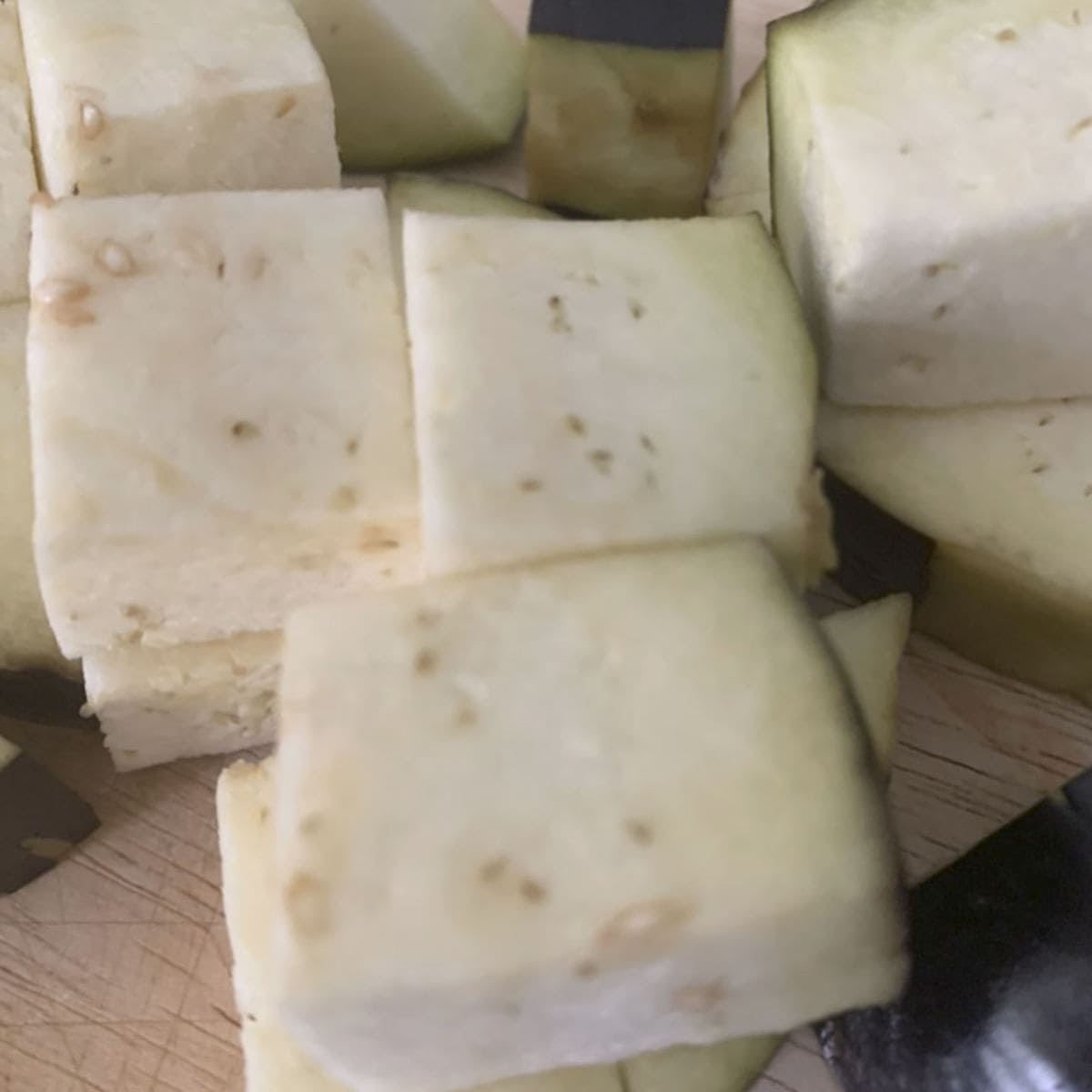 Cutting eggplants for the stew.