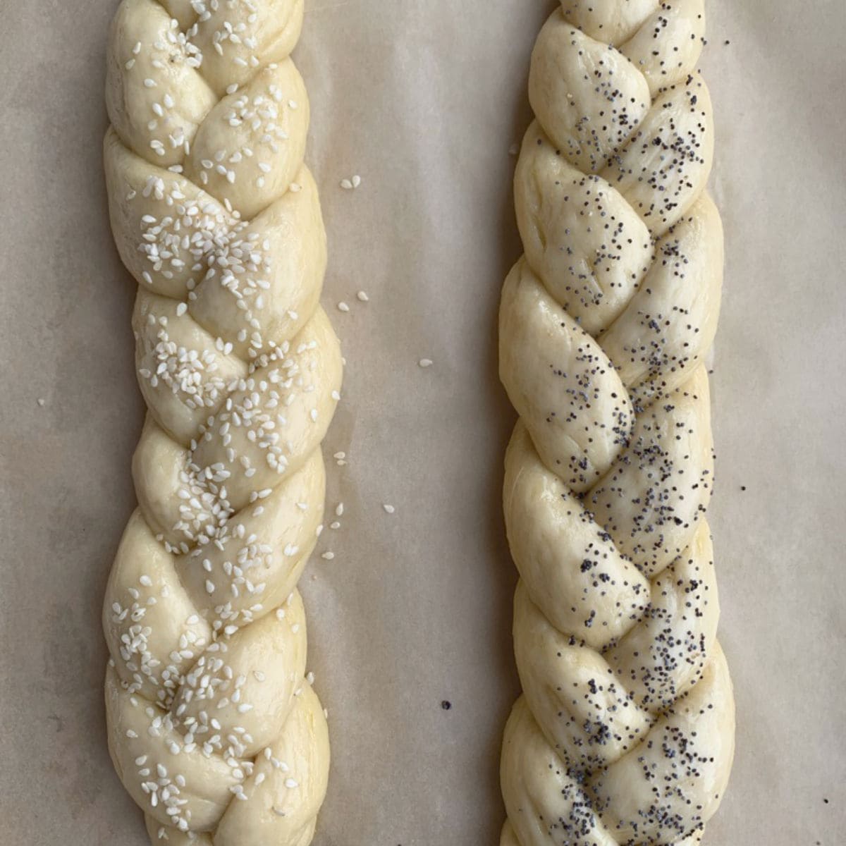 Braided chorek with poppy seed and sesame seeds.