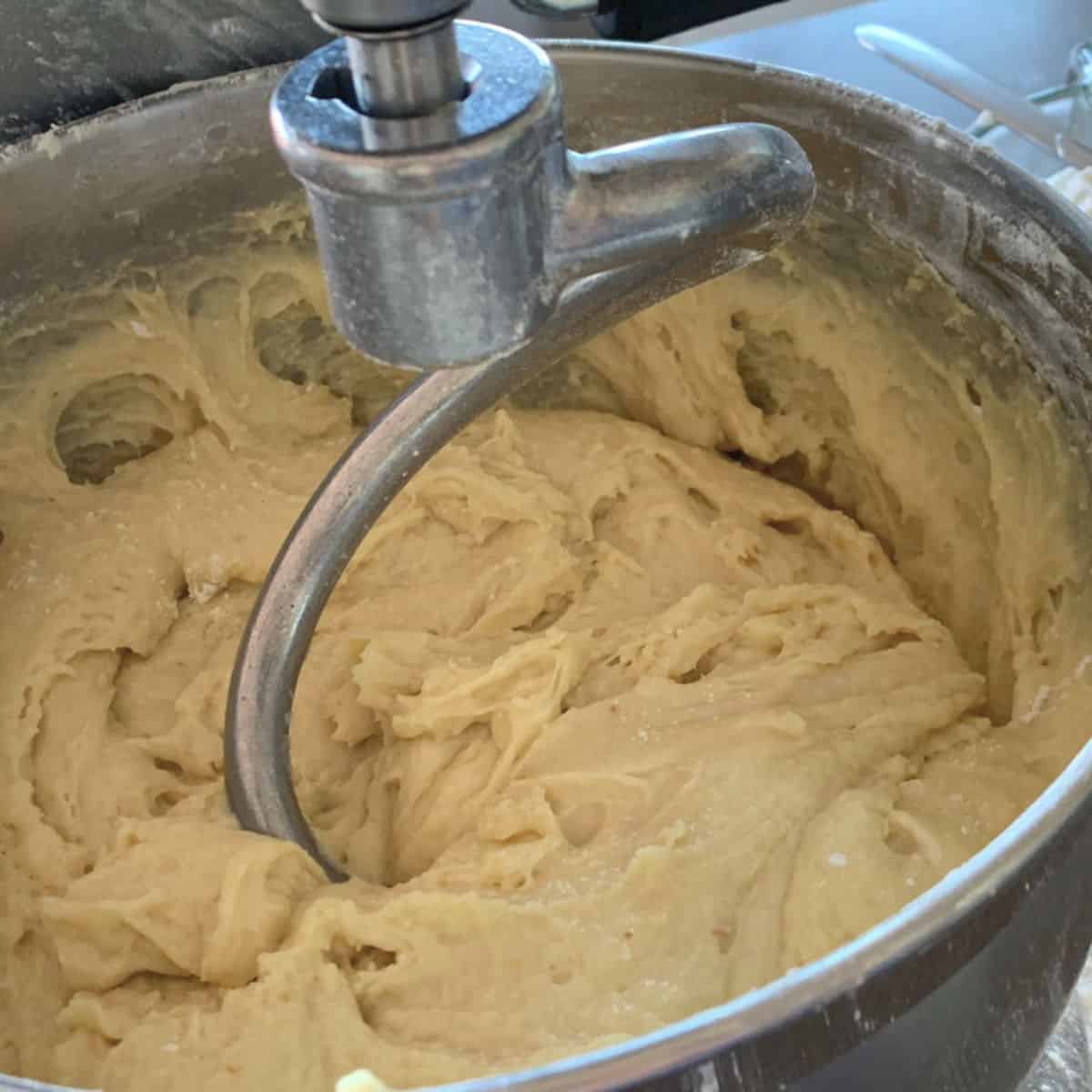 Mixing the dough with the kitchenaid hook attachment.