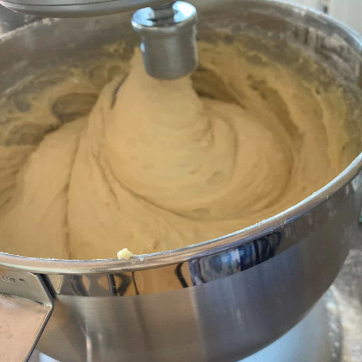 Mixing the dough with the kitchenaid hook attachment.