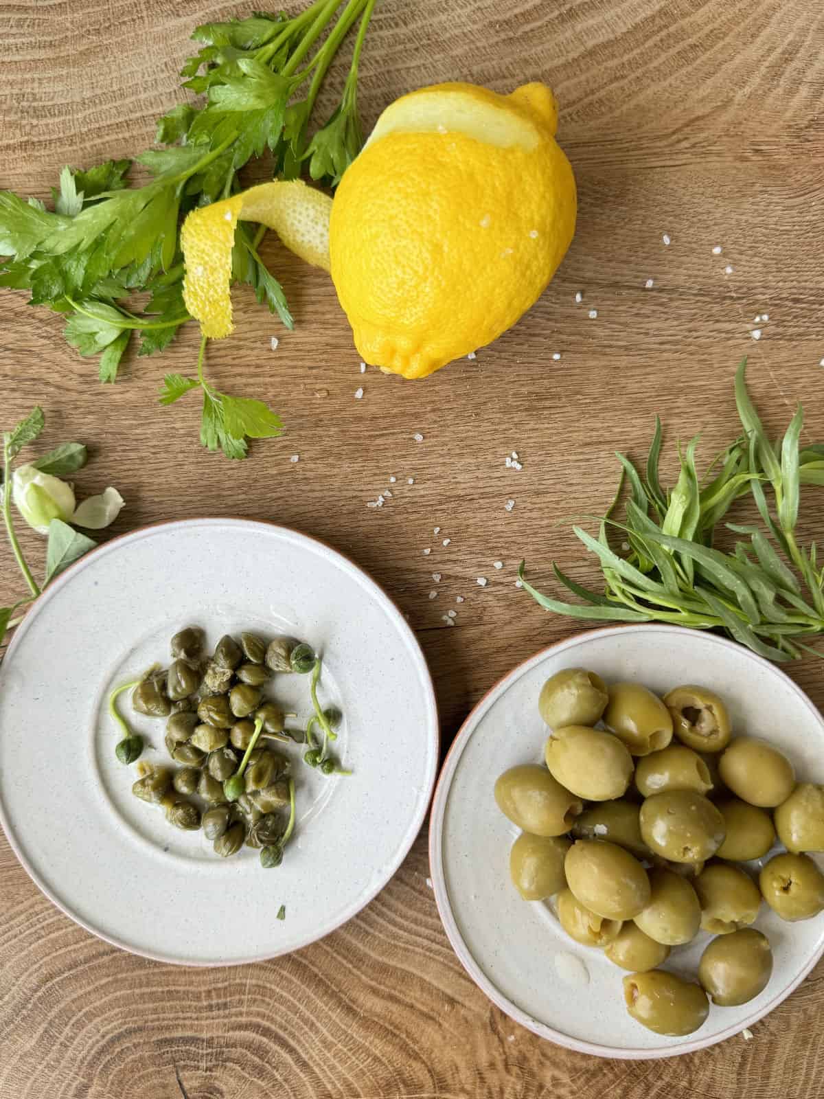 Ingredients for making tapenade.