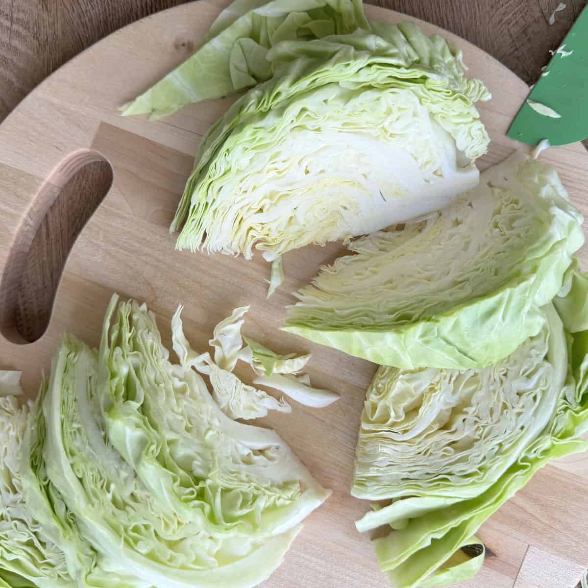 Cutting the young cabbage.