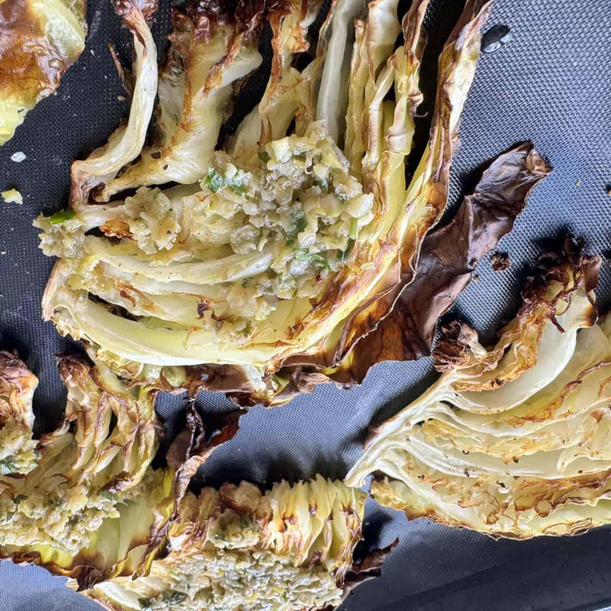 Close up shot of the roasted cabbage.