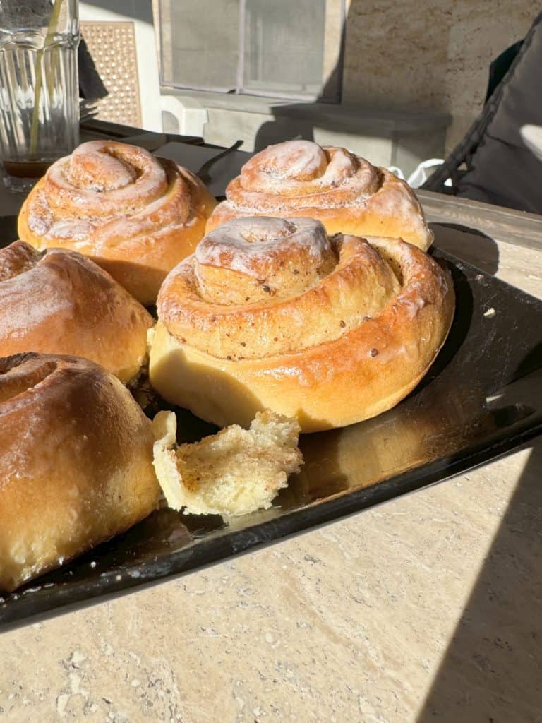 Freshly baked cinnamon rolls.