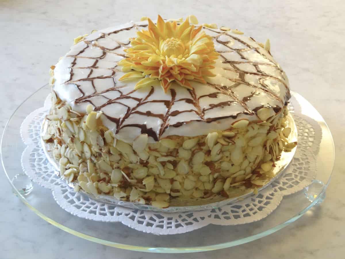 Esterházy Torte with a sugar flower.