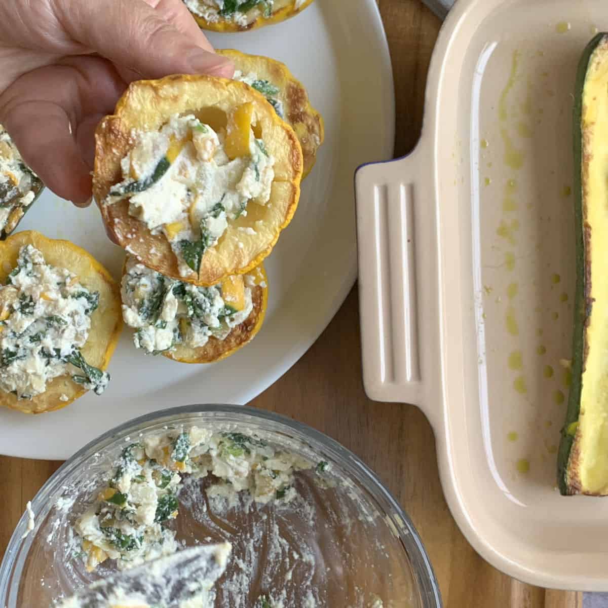 Filling the pattypan zucchini.