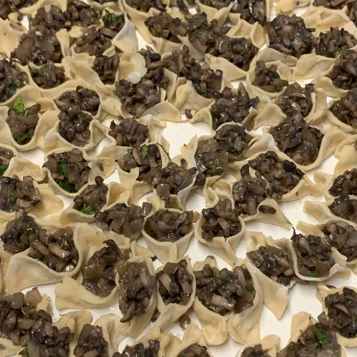 Ready manti boats on a baking dish.