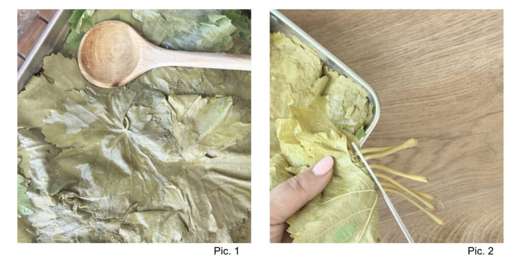 Preparing the grape leaves.