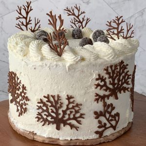 Black forest cake on a wooden board.