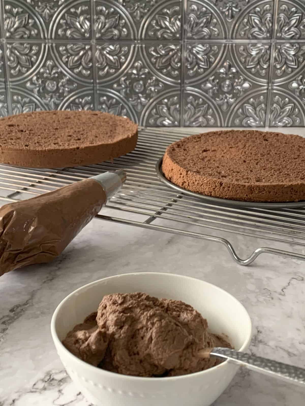 Assembling black forest cake.