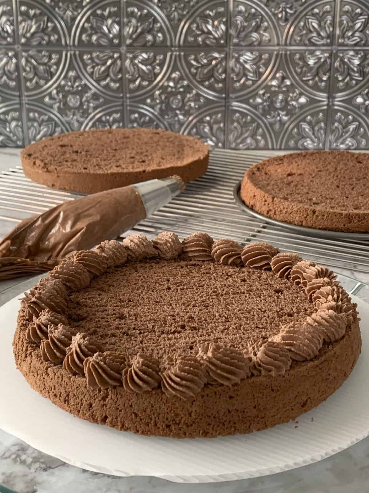 Assembling black forest cake.